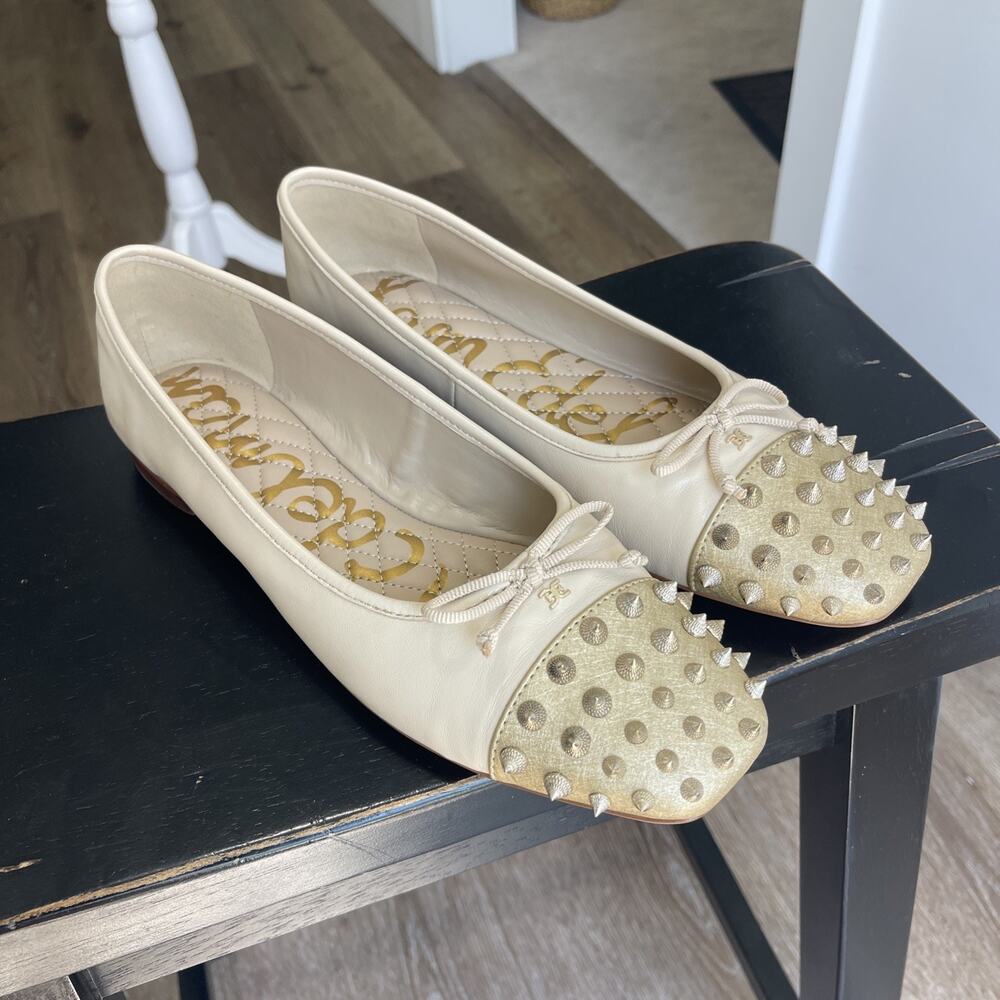Sam Edelman Monet Ballet Flats SZ 10.5 Tan Gold Studded Summer Sand Nude Bow Log - Picture 2 of 12